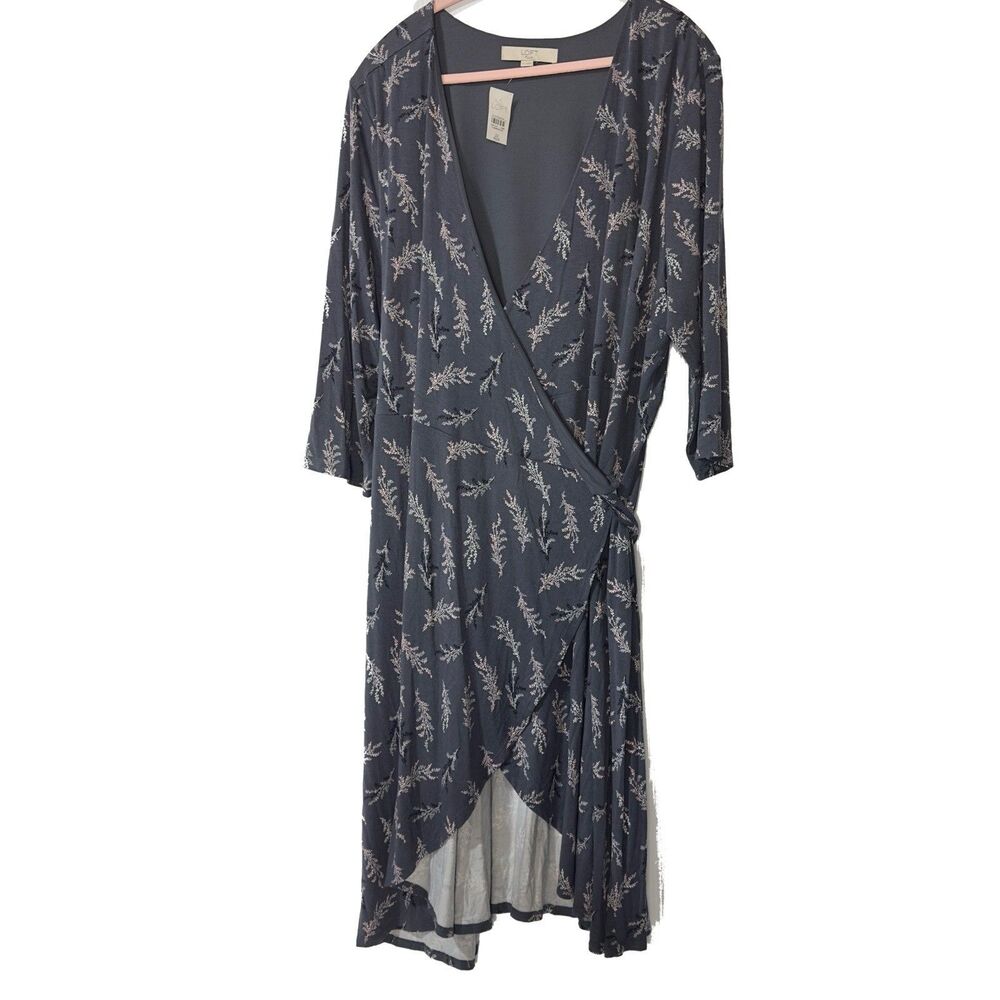 LOFT True Wrap Dress Gray Print 3/4 Sleeve Size 22 NWT